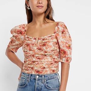 SATIN FLORAL PRINT RUCHED VBAR CROPPED TOP